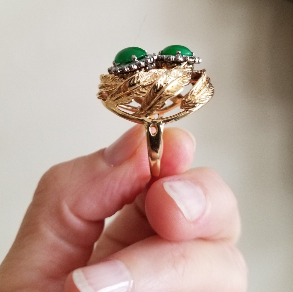SOLD Estate Imperial Jade & Diamond 14k Cocktail Ring - Picture 6 of 11